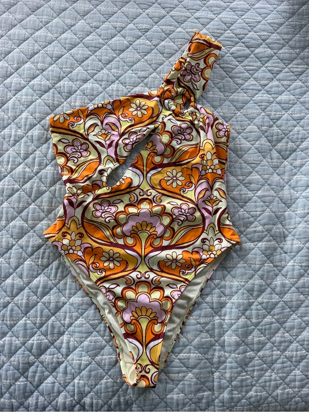 Retro Floral One-Shoulder One-Piece Swimsuit in Orange and Cream